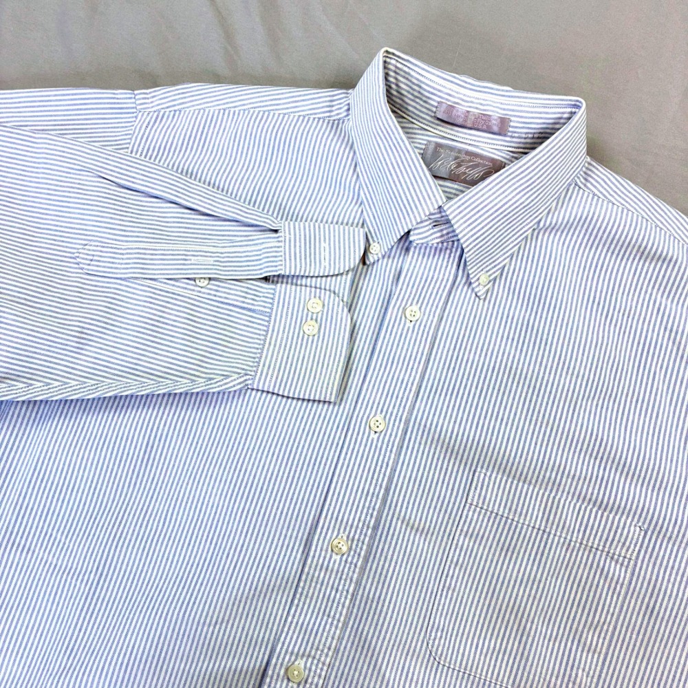 Lord & Taylor OCBD Shirt 17.5 34/35 Blue University Stripe USA 2-Ply Cotton VTG